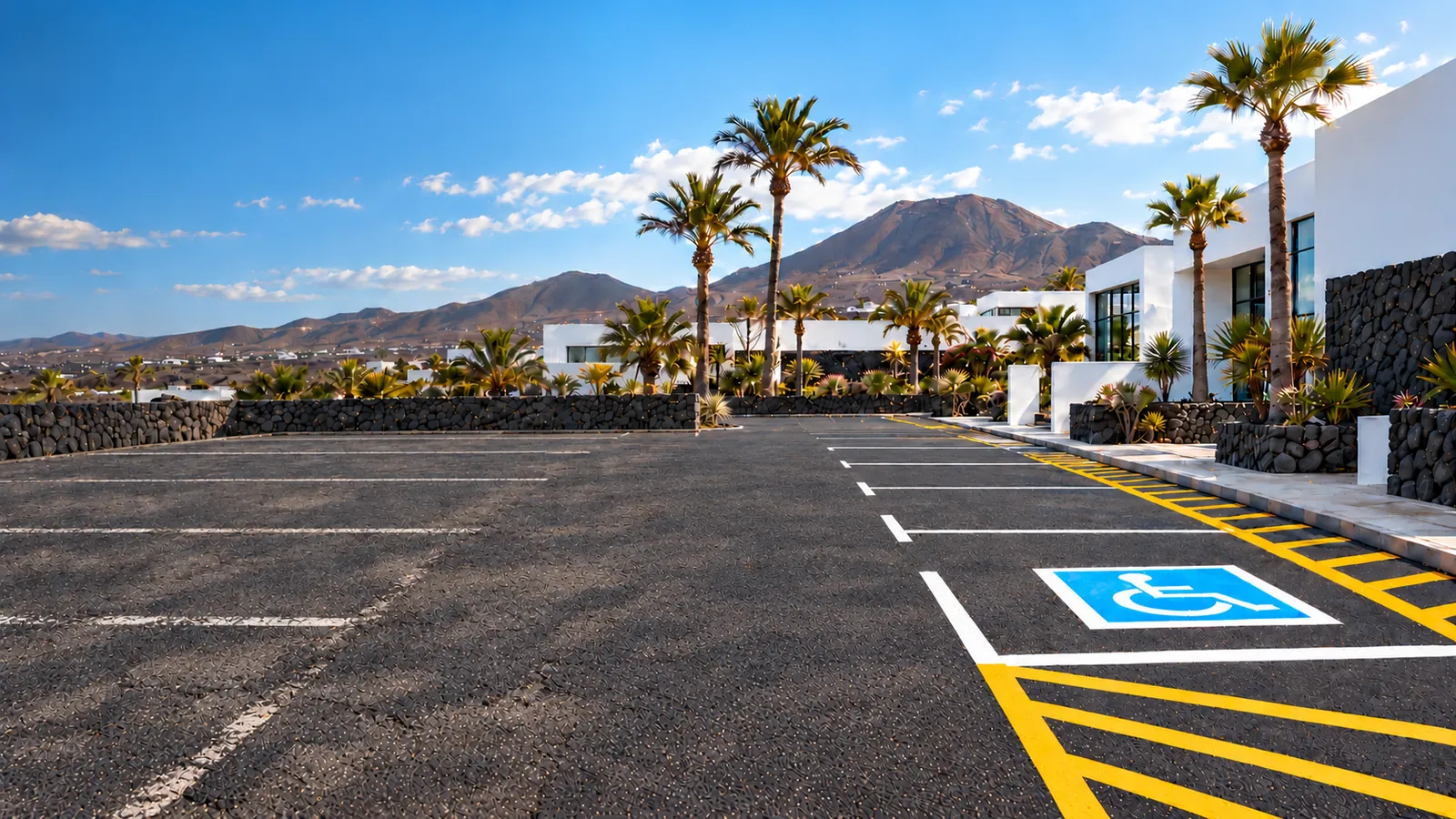 Ejemplo ilustrativo de un aparcamiento con líneas antiguas y señalización renovada en Lanzarote